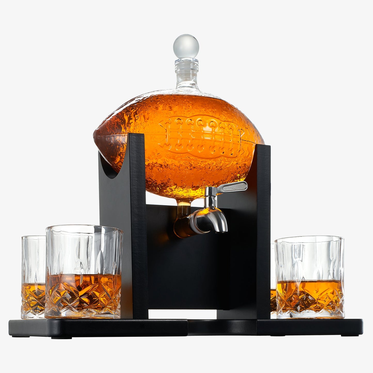 Football Decanter with Mahogany Field Goal Holder + 4 Glasses & Footballs Chillers