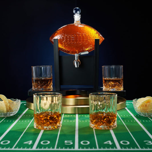 Football Decanter with Mahogany Field Goal Holder + 4 Glasses & Footballs Chillers