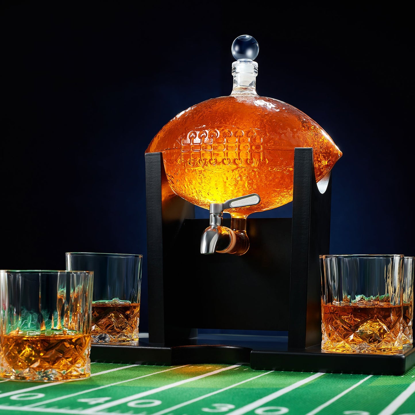 Football Decanter with Mahogany Field Goal Holder + 4 Glasses & Footballs Chillers
