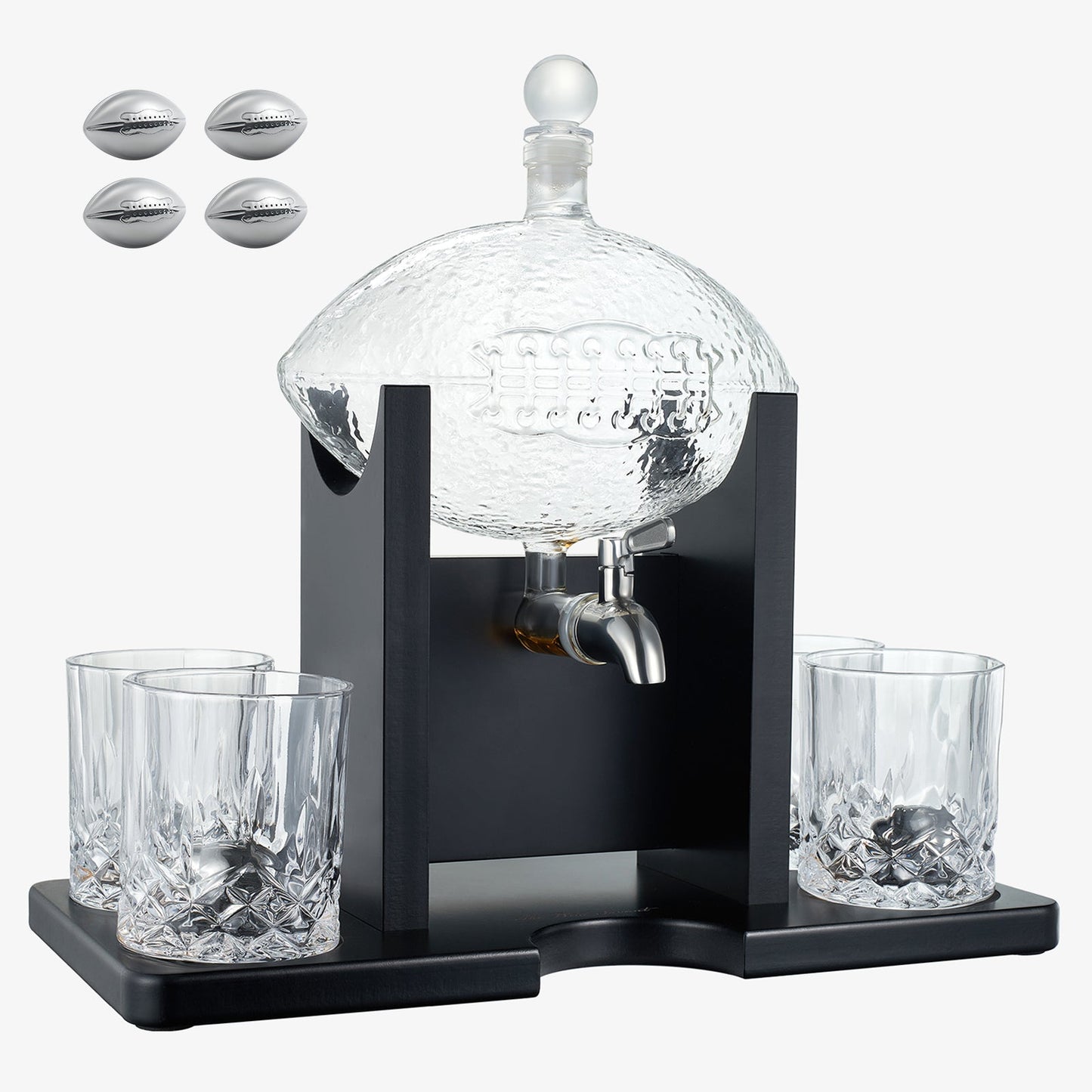 Football Decanter with Mahogany Field Goal Holder + 4 Glasses & Footballs Chillers