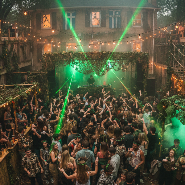 Crowd at a music event with green laser lights and a stage.