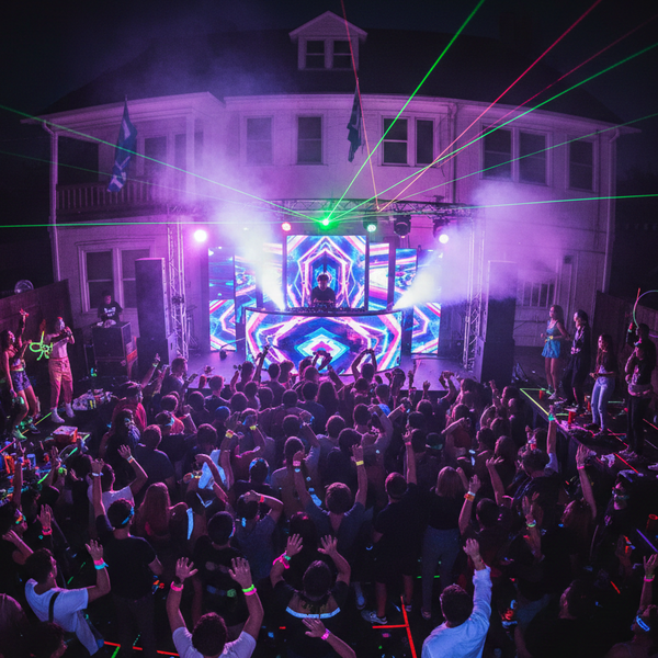 Crowd at a nighttime outdoor concert with colorful lights and stage setup.