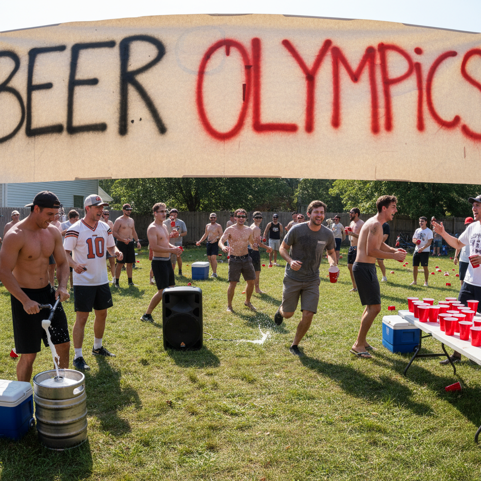Group of people participating in a beer Olympics event with a large inflatable archway labeled 'Beer Olympics'.