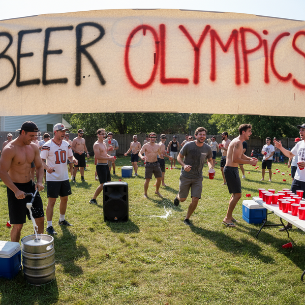 Group of people participating in a beer Olympics event with a large inflatable archway labeled 'Beer Olympics'.