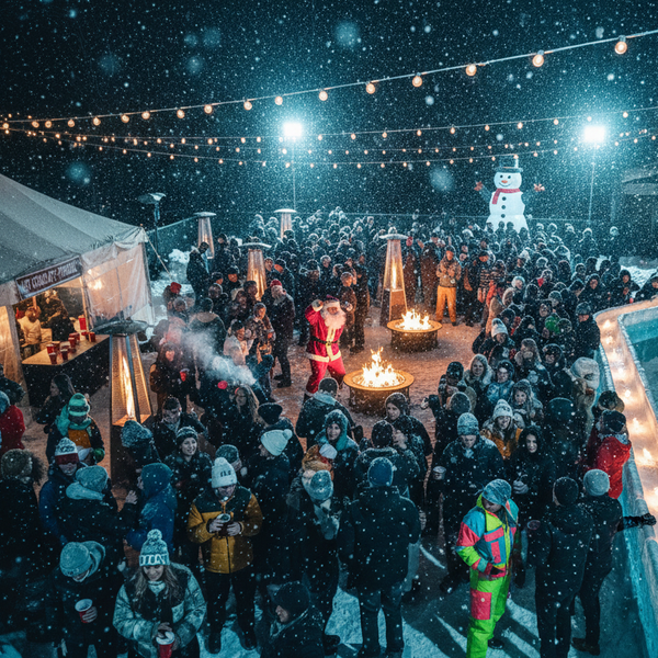 Winter festival with people gathered around a fire pit, snow falling, and festive decorations.