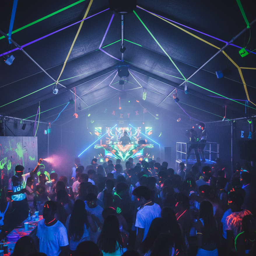 Dance floor with people at a concert with colorful lights and stage setup.