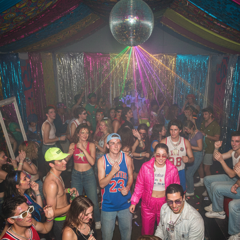 People dancing in a club with colorful lights and decorations.