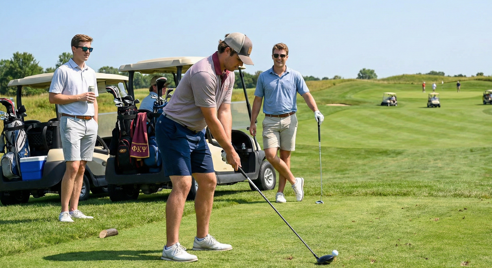 Golfers on a course with golf carts and a clear sky