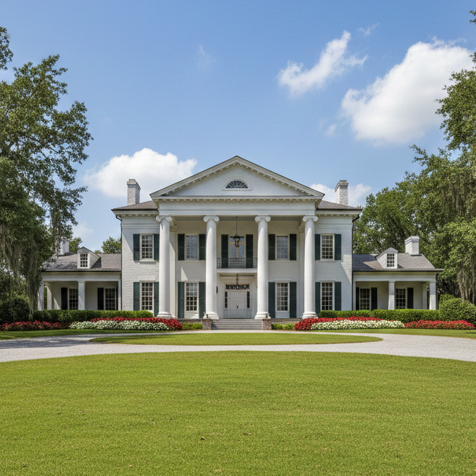 Large white mansion with columns on a clear day
