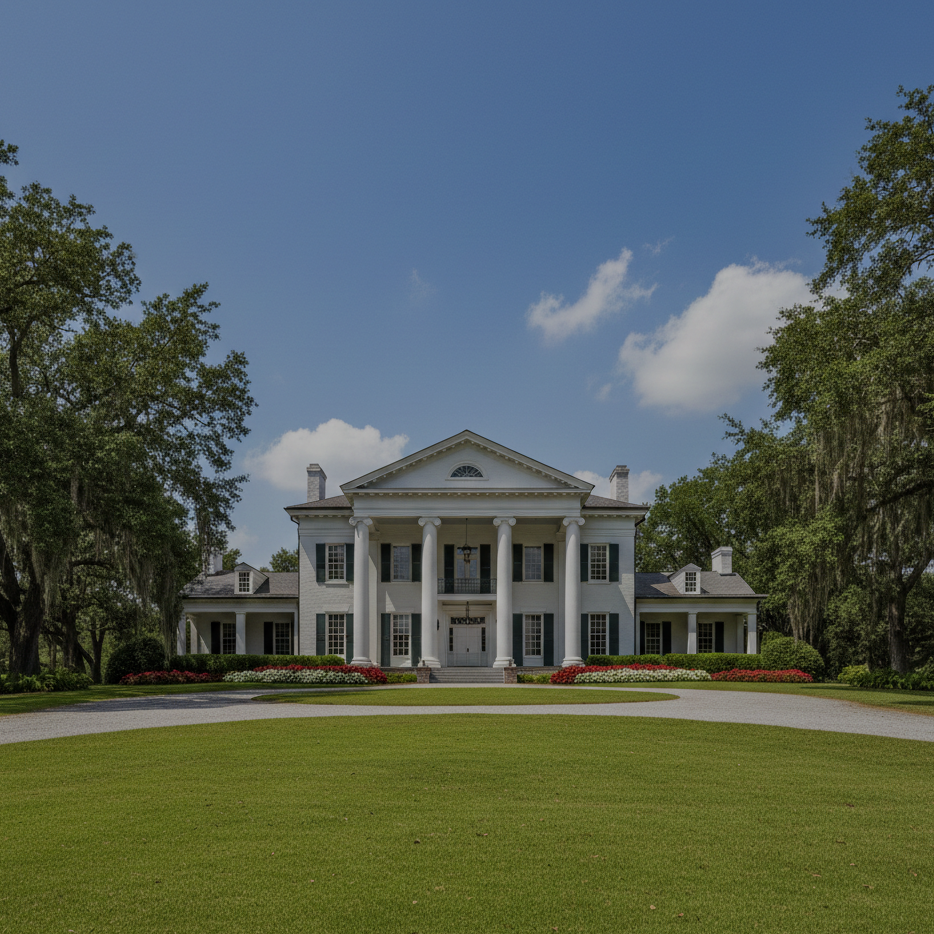 Large white mansion with columns on a grassy lawn under a blue sky.