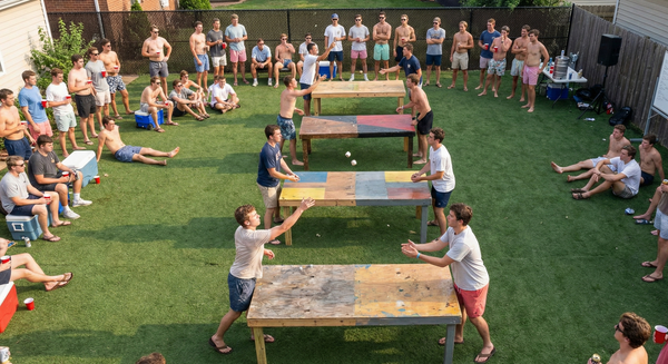 Group of people playing beer pong in a backyard setting