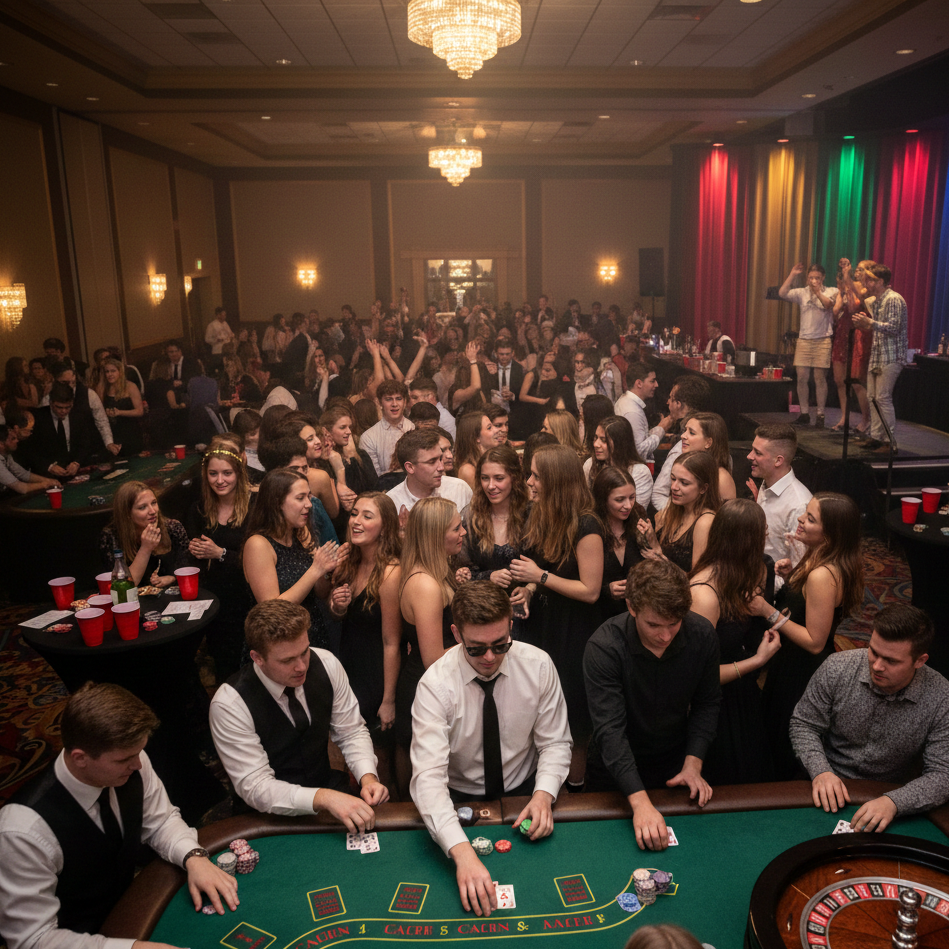 Casino-themed event with people around a roulette table and blackjack tables.