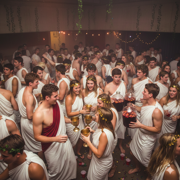 Group of people in toga-like garments celebrating indoors with drinks.