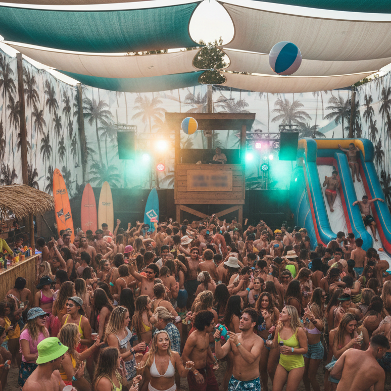 Beach party with people dancing under a large canopy with palm tree decorations.