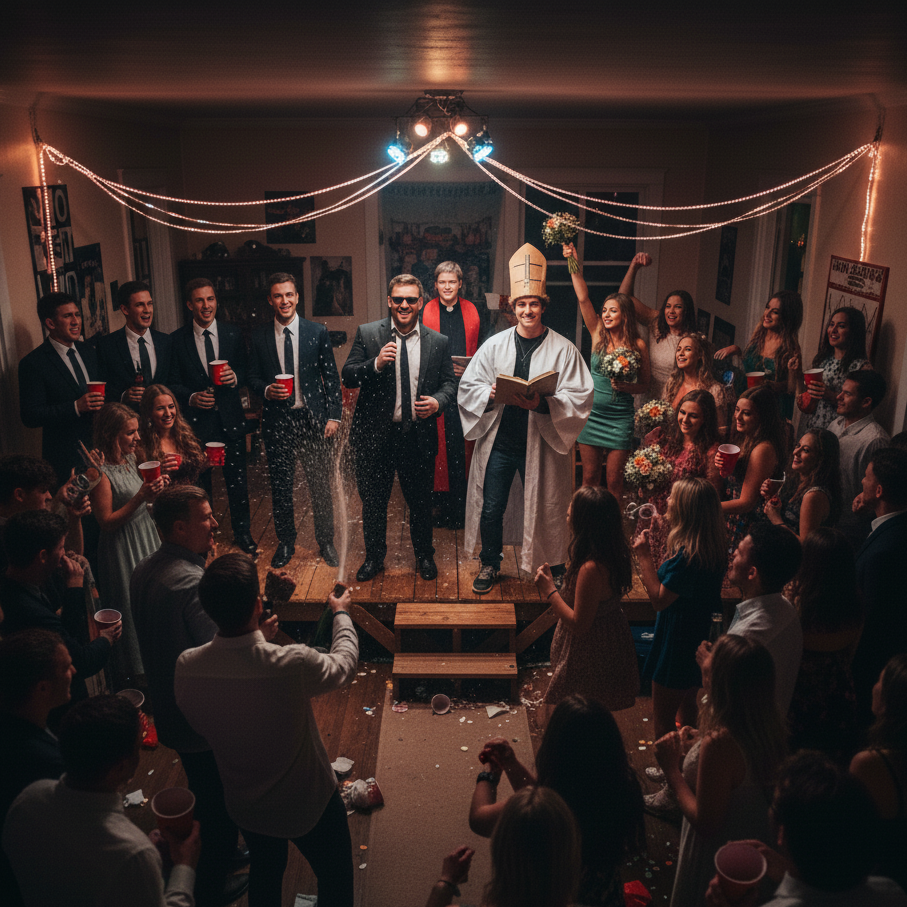 Group of people gathered in a room with string lights, celebrating an event.