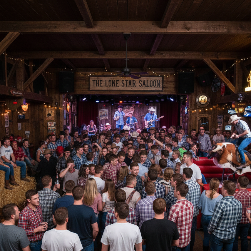 Dance floor with people and a DJ booth in a bar setting