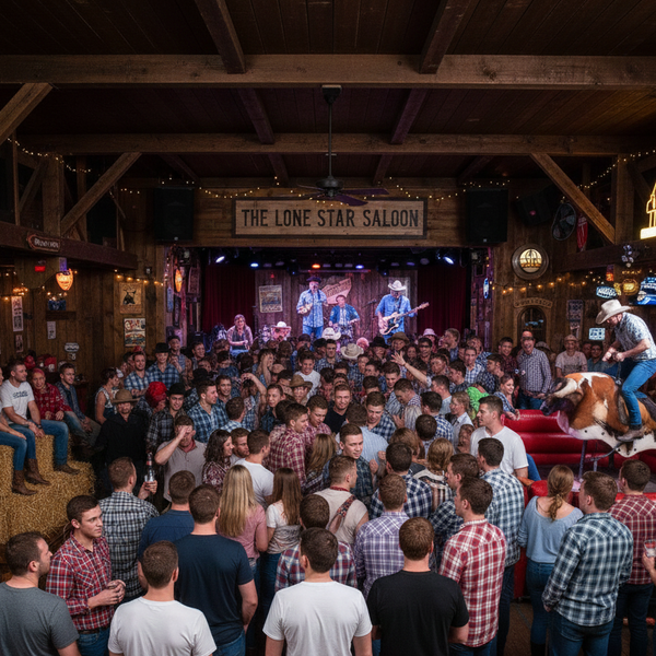 Dance floor with people and a DJ booth in a bar setting