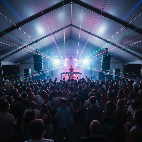 Crowd at a music festival under a large tent with colorful lights