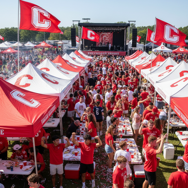 Large gathering of people at a sports event with red and white tents and flags.