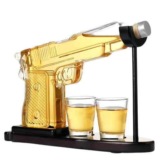 Pistol Decanter Set w/ Display Stand & Shot Glasses