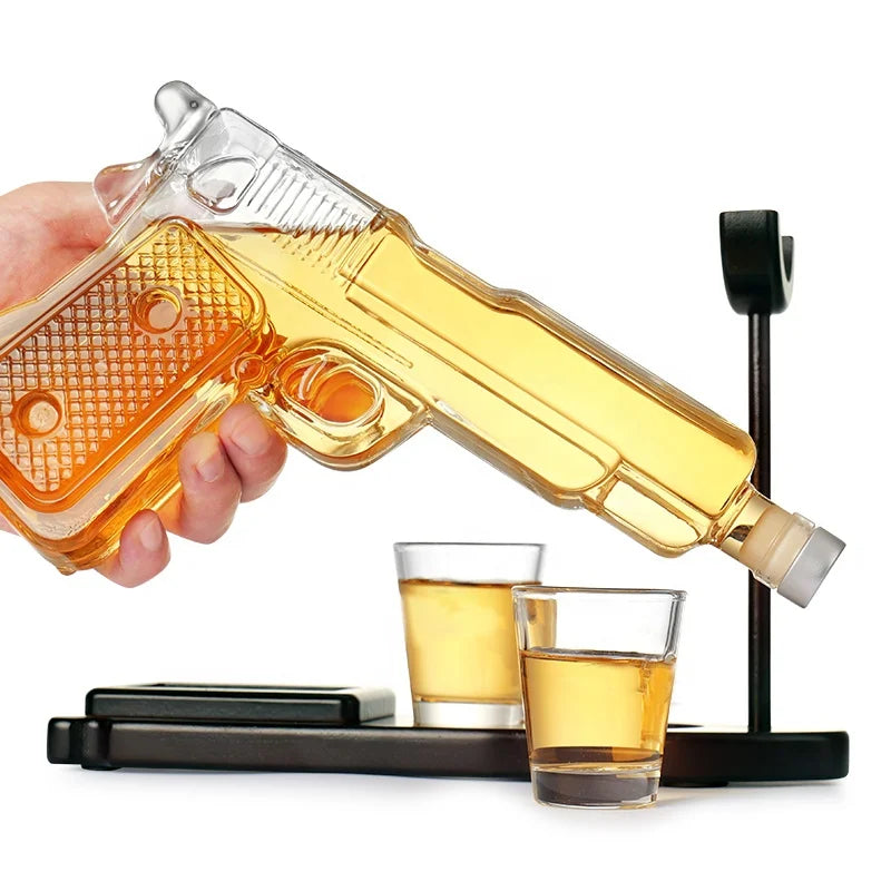 Pistol Decanter Set w/ Display Stand & Shot Glasses