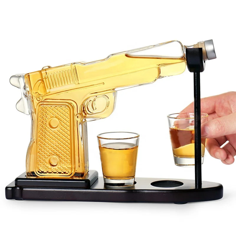 Pistol Decanter Set w/ Display Stand & Shot Glasses