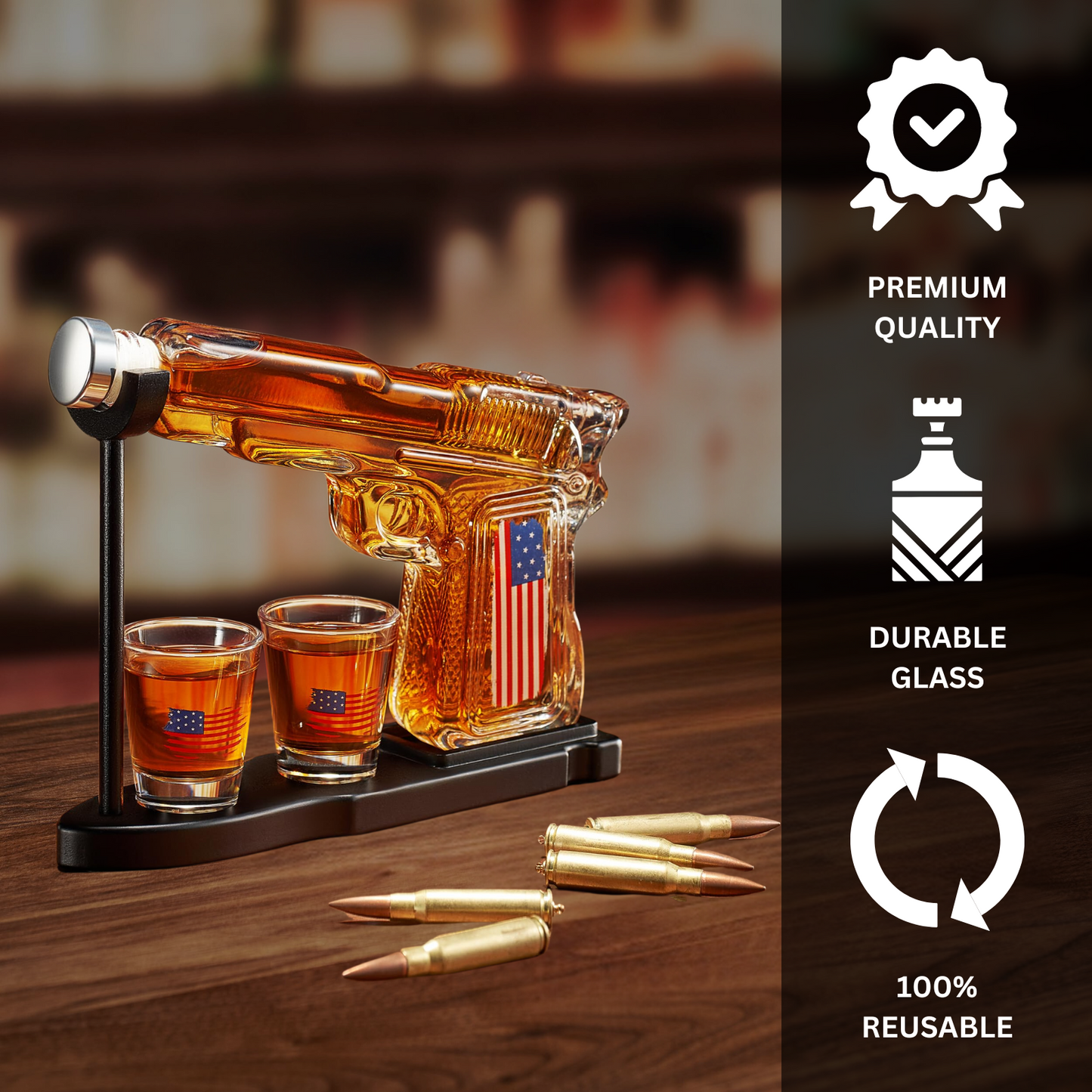 Whiskey Decanter Set - 8 Oz with Two 2 Oz Glasses, American Flag Pistol Gun