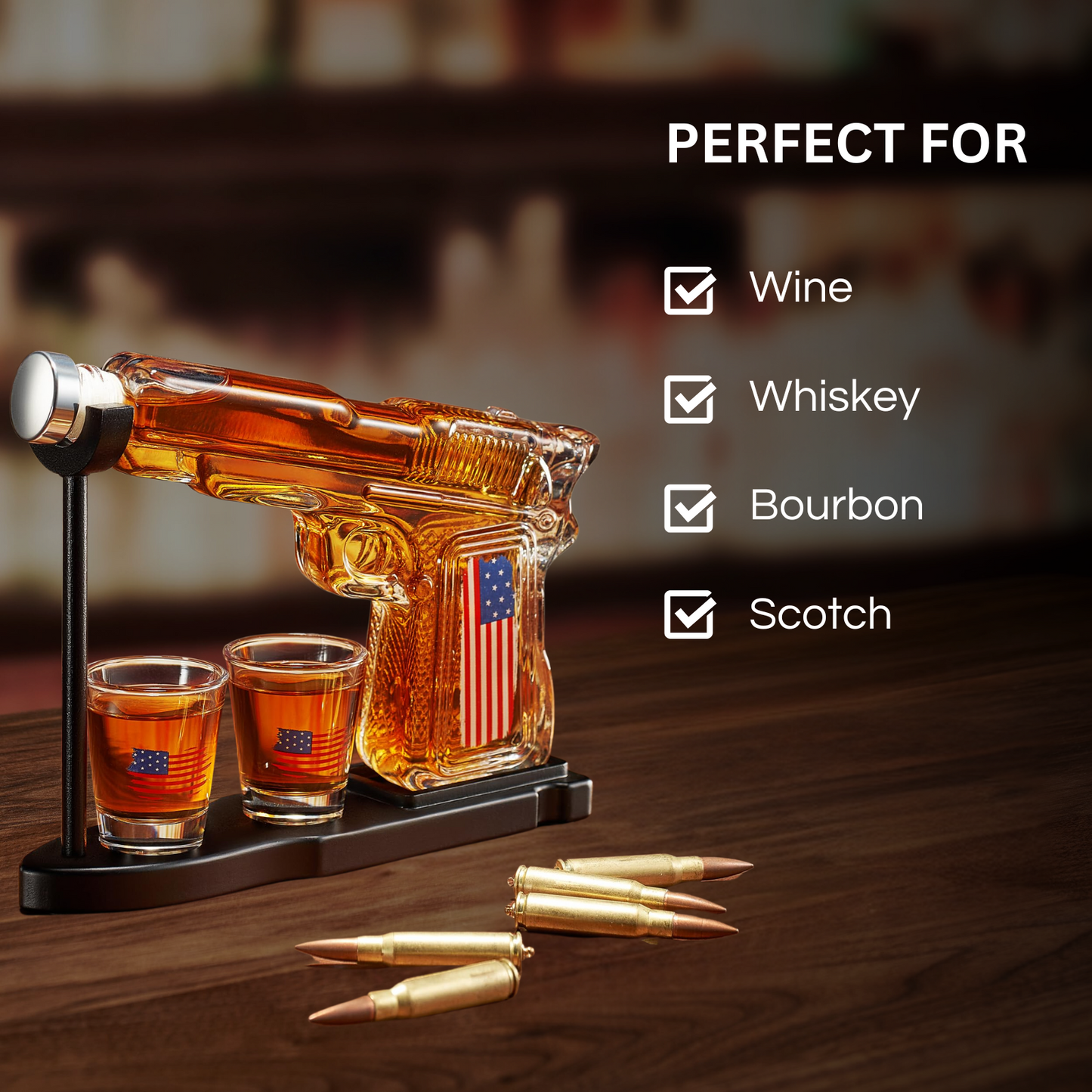 Whiskey Decanter Set - 8 Oz with Two 2 Oz Glasses, American Flag Pistol Gun