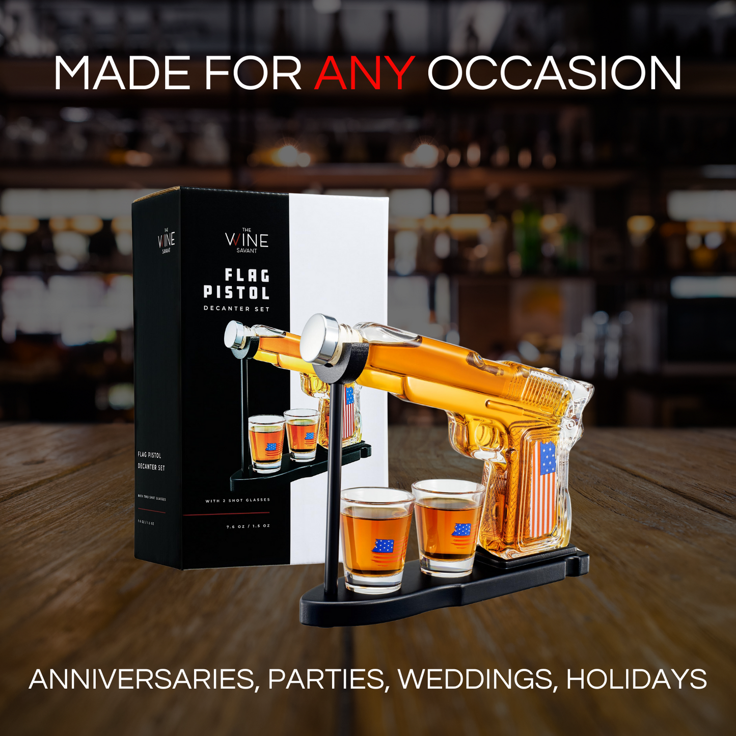 Whiskey Decanter Set - 8 Oz with Two 2 Oz Glasses, American Flag Pistol Gun