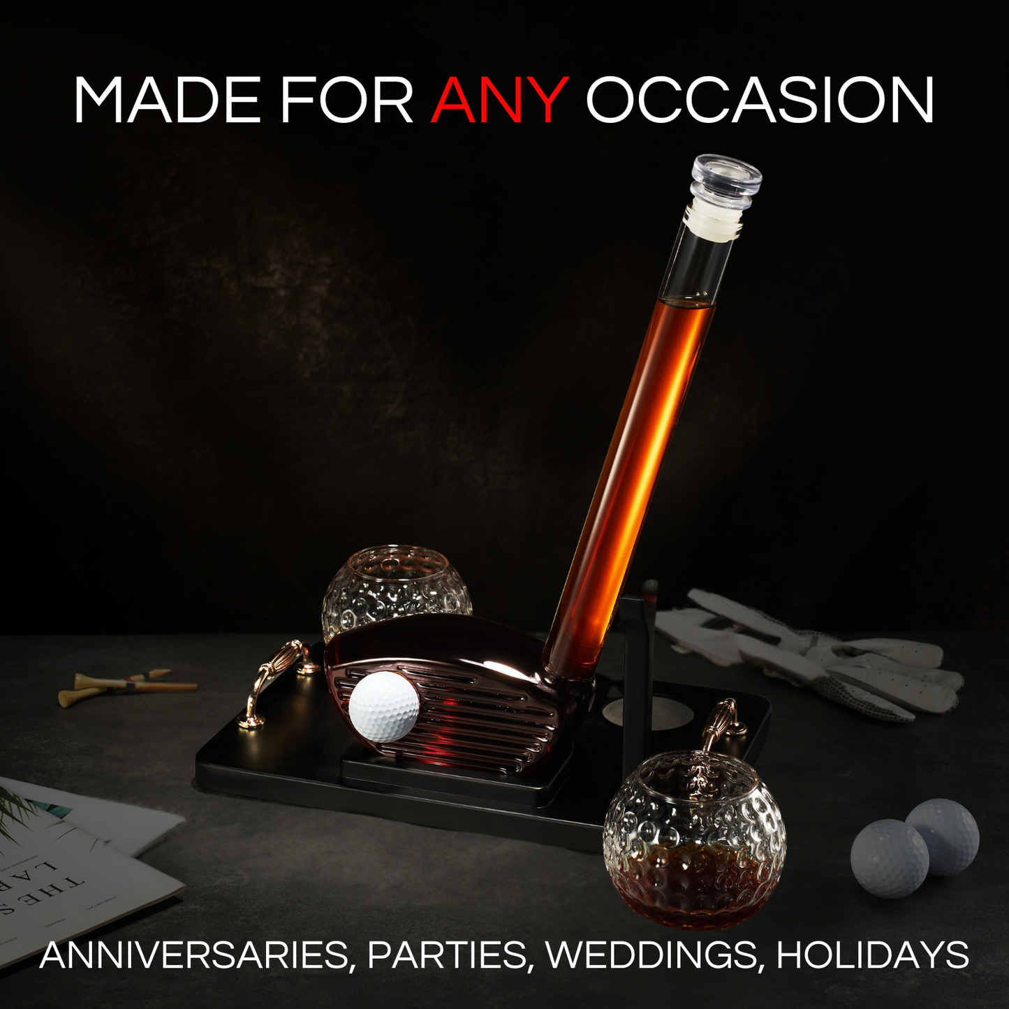 Golf Club Whiskey Decanter and 2 Liquor Glasses - 29 OZ Decanter & 15 OZ Glass Set