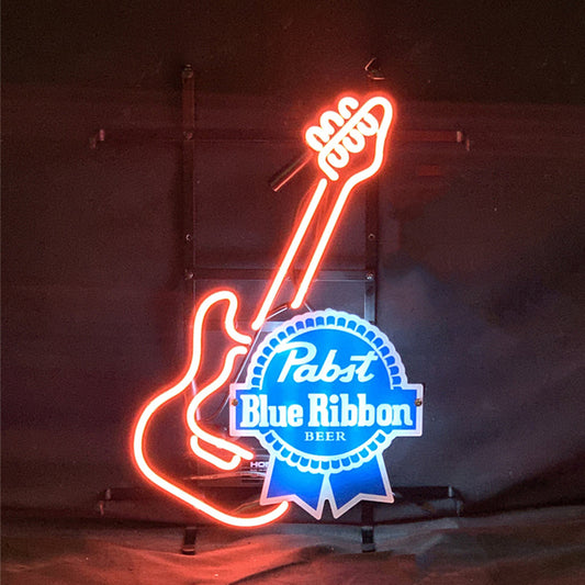 Guitar with Pabst Blue Ribbon Neon Signs