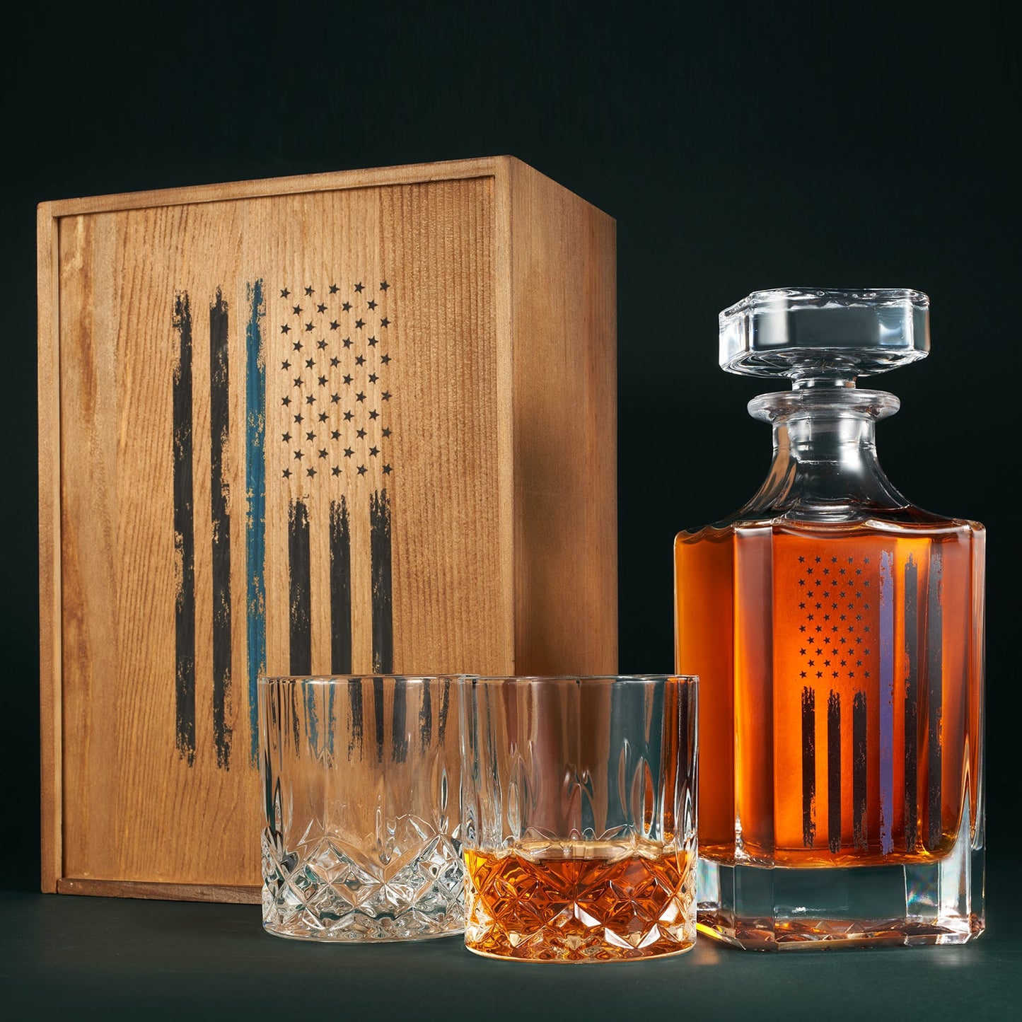 Police Tactical American Flag Whiskey Decanter Gift Set | 730mL Decanter 2 Whiskey Glass |