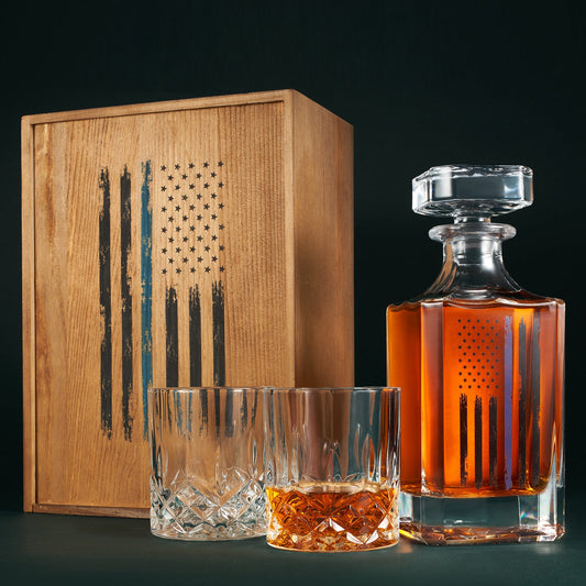 Police Tactical American Flag Whiskey Decanter Gift Set | 730mL Decanter 2 Whiskey Glass |