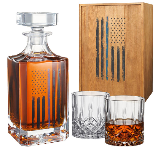 Police Tactical American Flag Whiskey Decanter Gift Set | 730mL Decanter 2 Whiskey Glass |