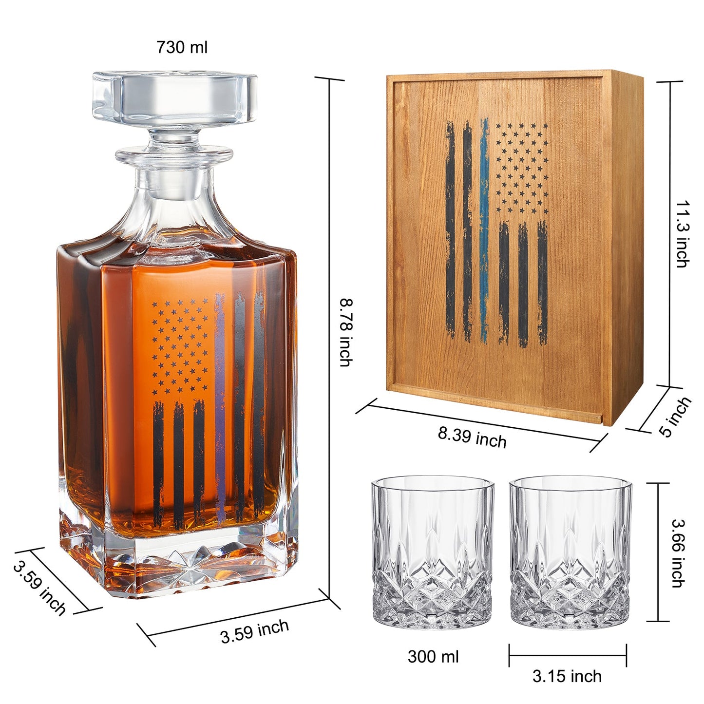 Police Tactical American Flag Whiskey Decanter Gift Set | 730mL Decanter 2 Whiskey Glass |