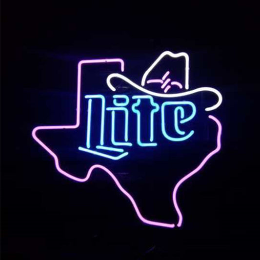 Miller Lite Cowboy Hat with Texas Maps Neon Signs