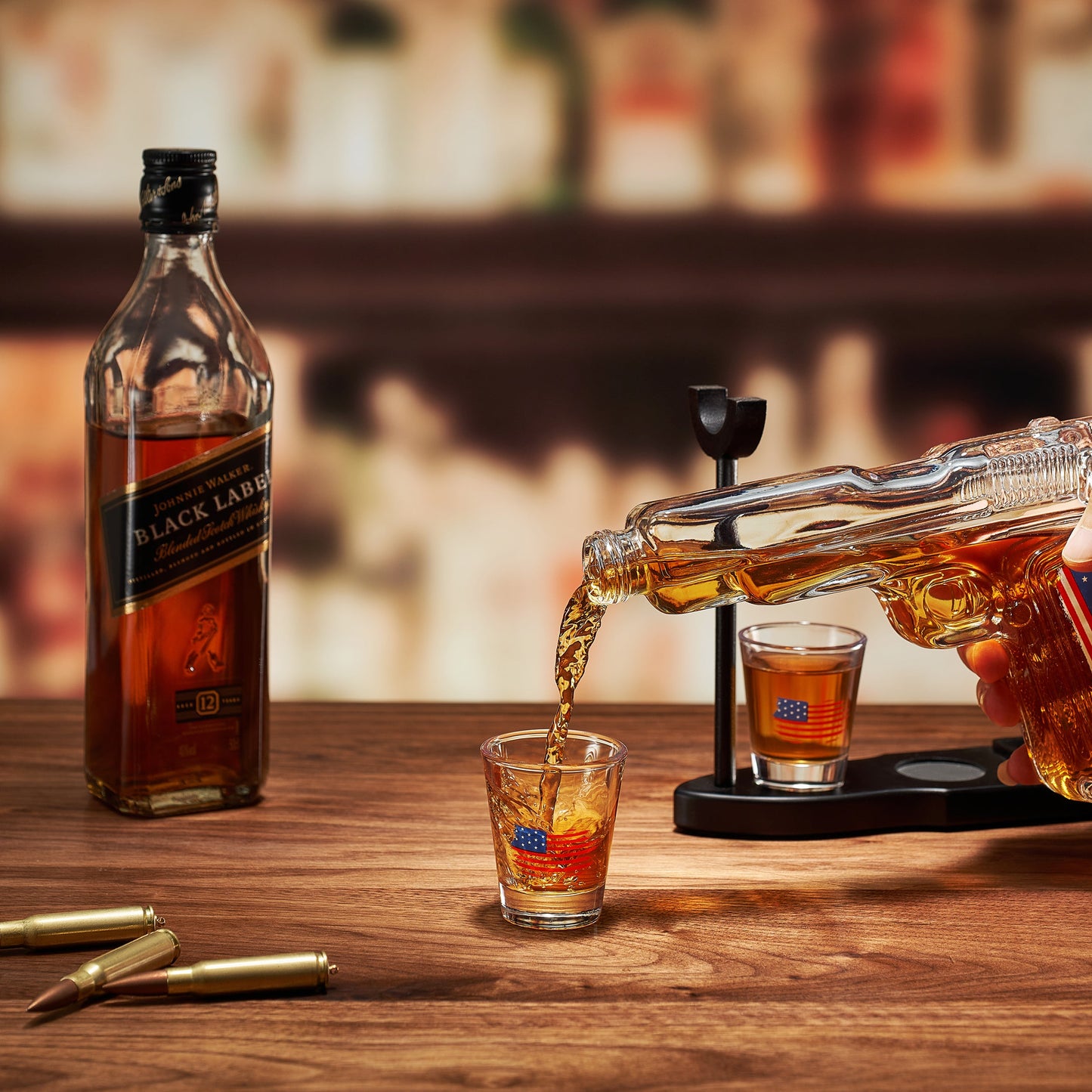 Whiskey Decanter Set - 8 Oz with Two 2 Oz Glasses, American Flag Pistol Gun