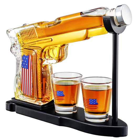 Whiskey Decanter Set - 8 Oz with Two 2 Oz Glasses, American Flag Pistol Gun