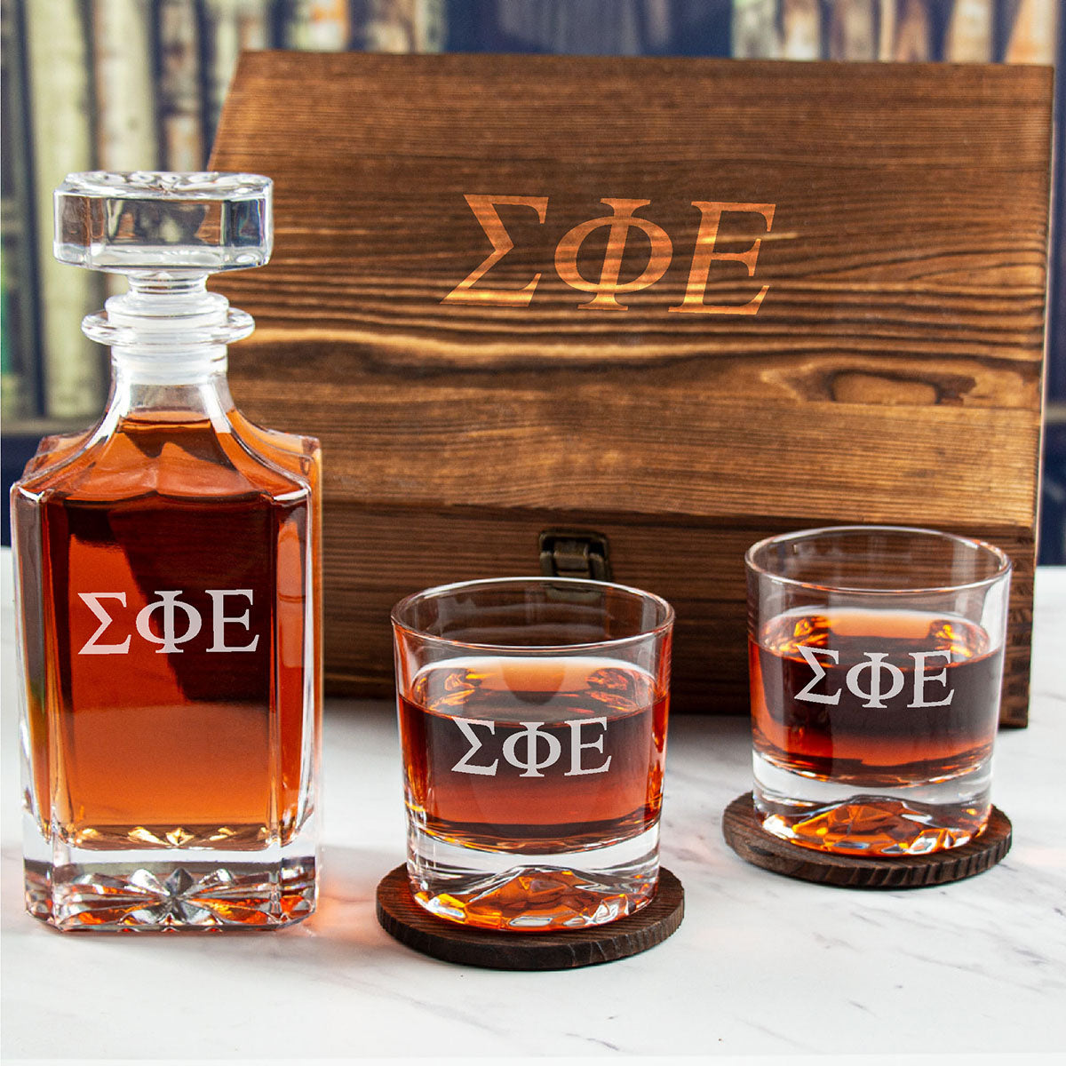 Engraved Sigma Phi Epsilon - Personalized Whiskey Decanter Set In Wood Gift Box