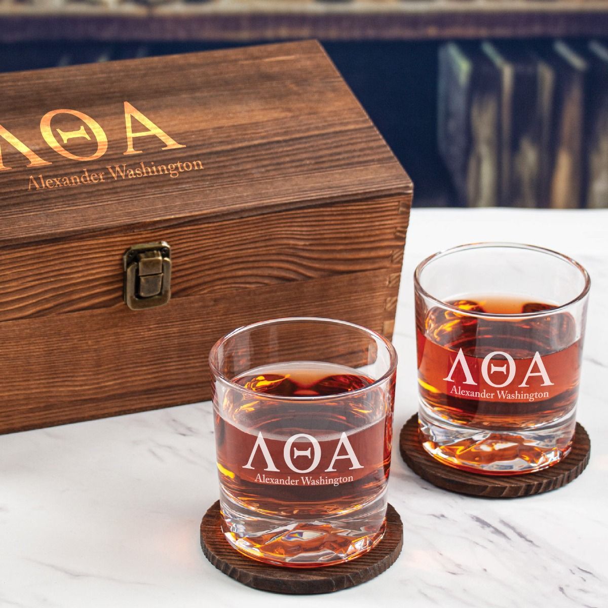 Lambda Theta Alpha Custom Engraved Personalized Whiskey Glasses In Wood Gift Box