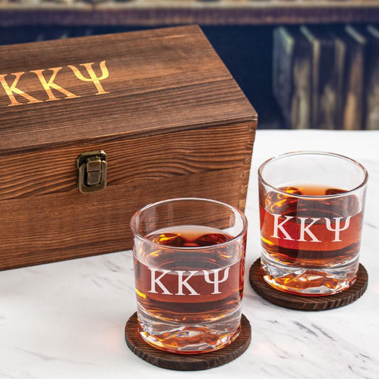 Kappa Kappa Psi Custom Engraved Personalized Whiskey Glasses In Wood Gift Box