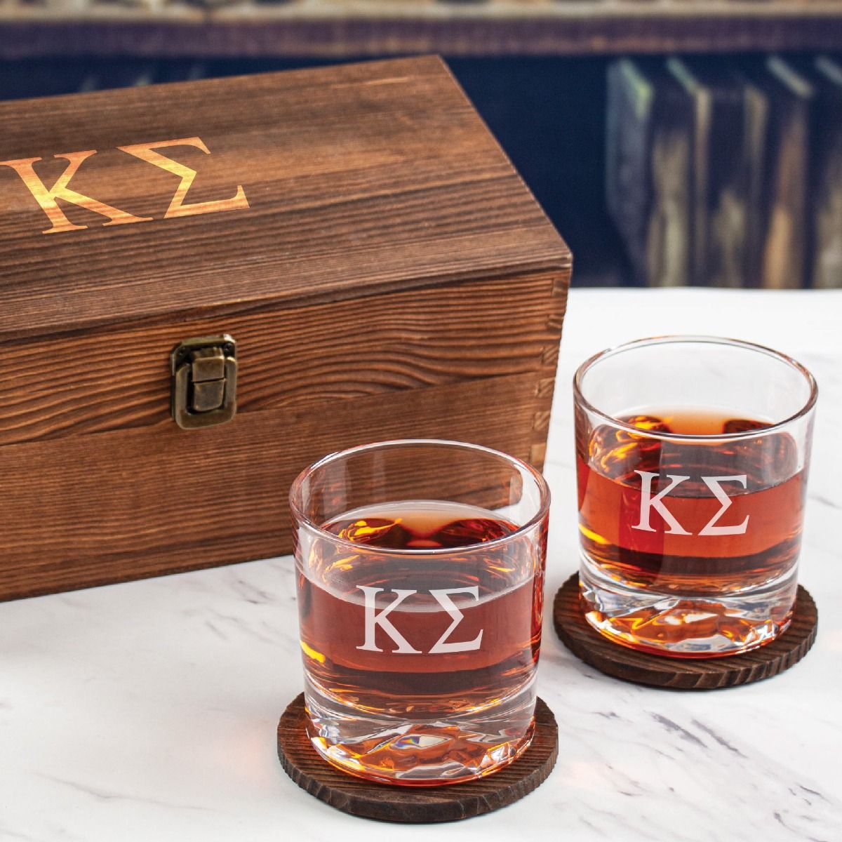 Kappa Sigma Custom Engraved Personalized Whiskey Glasses In Wood Gift Box