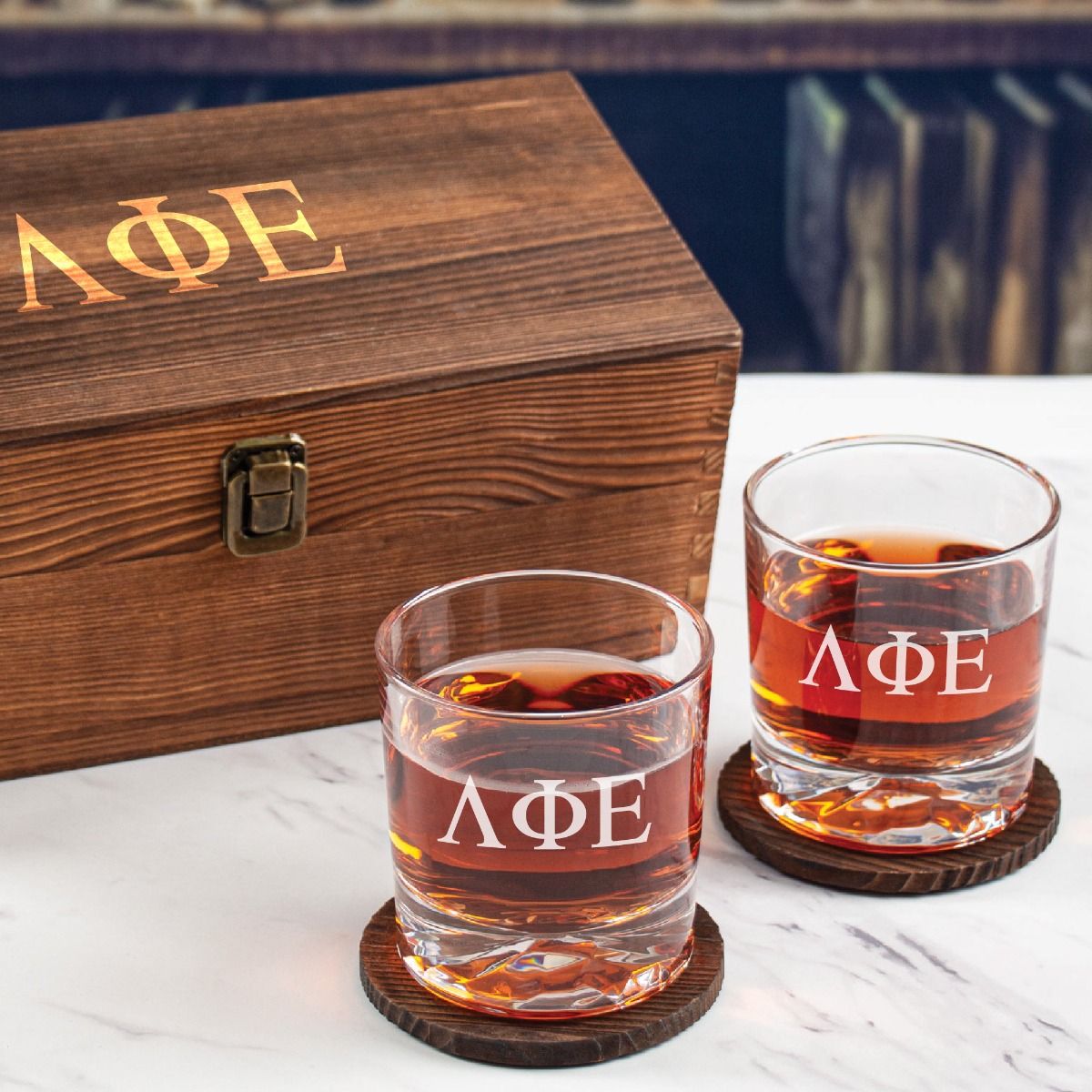 Lambda Phi Epsilon Custom Engraved Personalized Whiskey Glasses In Wood Gift Box