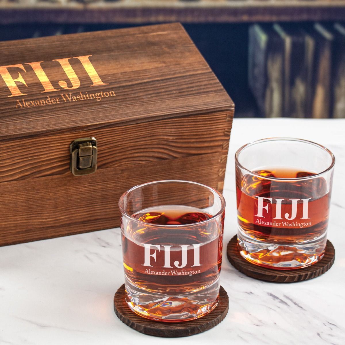 Phi Gamma Delta Custom Engraved Personalized Whiskey Glasses In Wood Gift Box