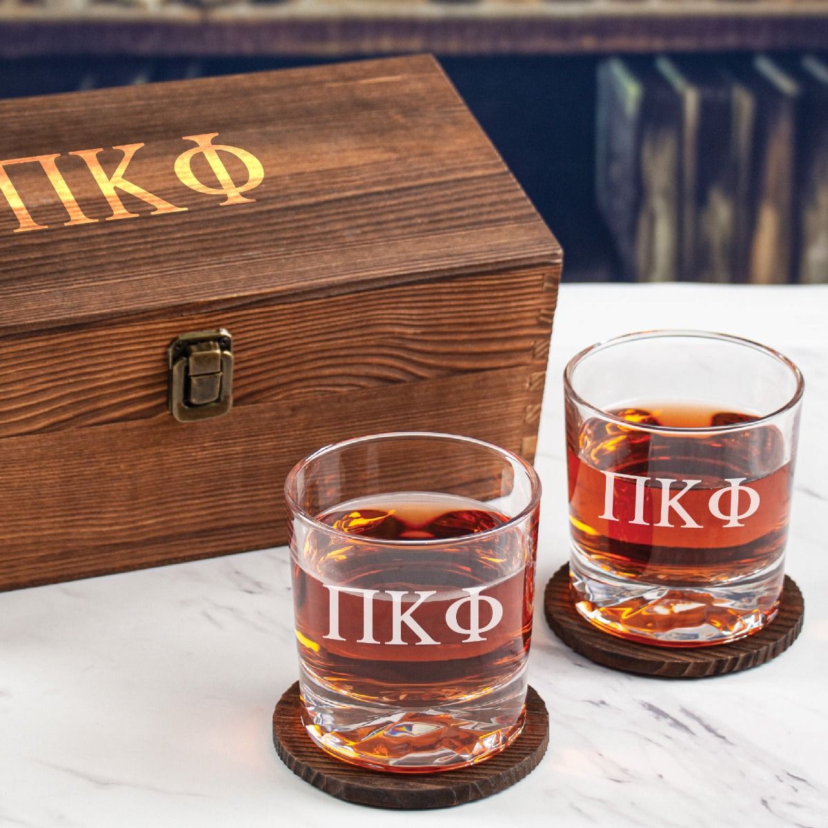 Pi Kappa Phi Custom Engraved Personalized Whiskey Glasses In Wood Gift Box